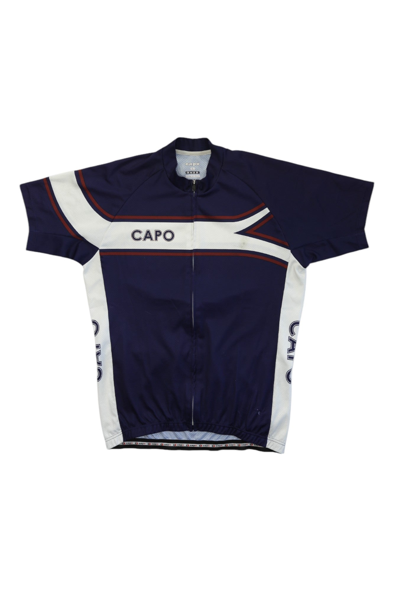 The Capo Cycling Jersey is a navy blue Italian cycling jersey with white and red accents, CAPO branding on the chest and sides, a full front zipper, and an elastic waistband—combining style and comfort for every ride.