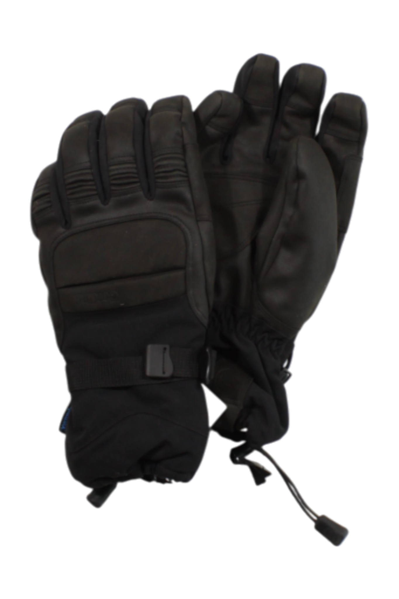 The Gordini Mens Cache Gauntlet, black winter gloves with adjustable wrist straps and drawstring closures for cold weather protection, shown on a white background.