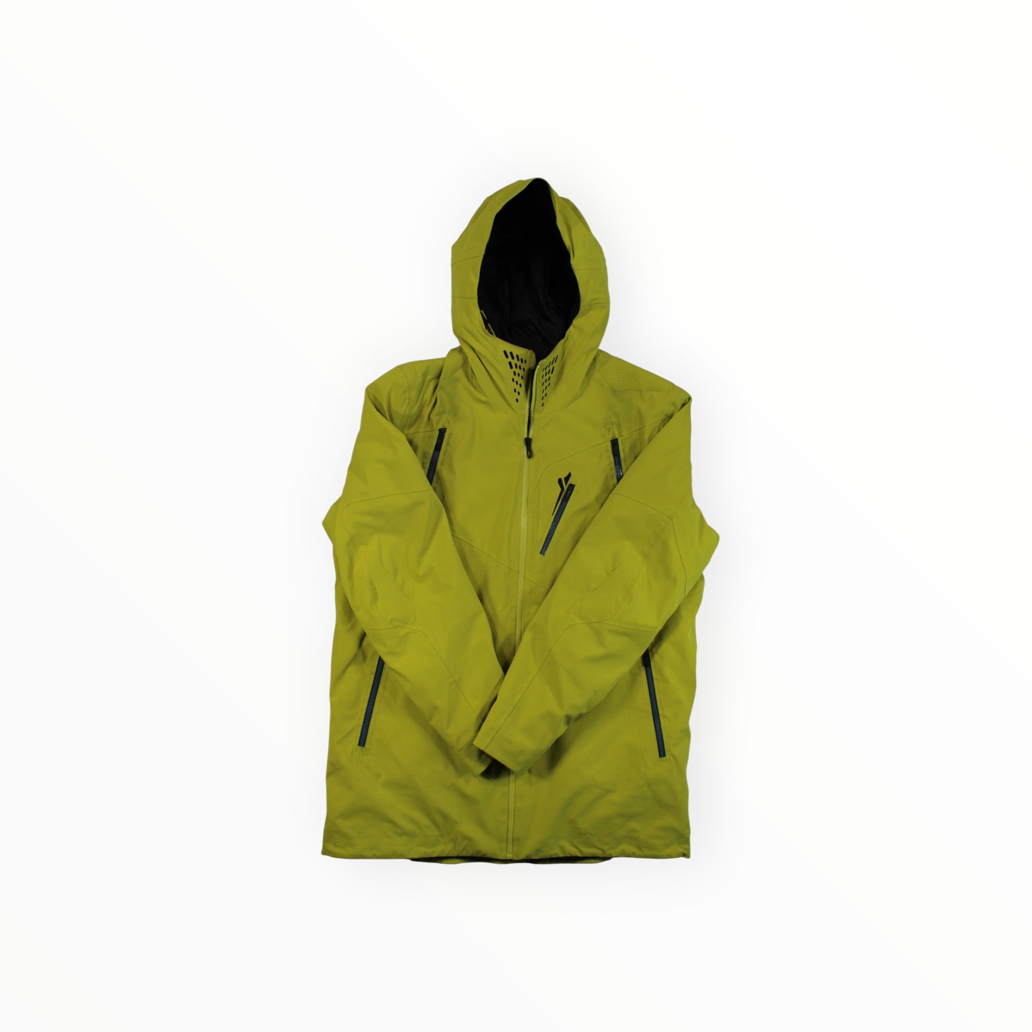 A green Spyder Men's Hokkaido Insulated Jacket is laid flat on a white background with its sleeves crossed, highlighting the sleek design and reliable synthetic insulation from Spyder.