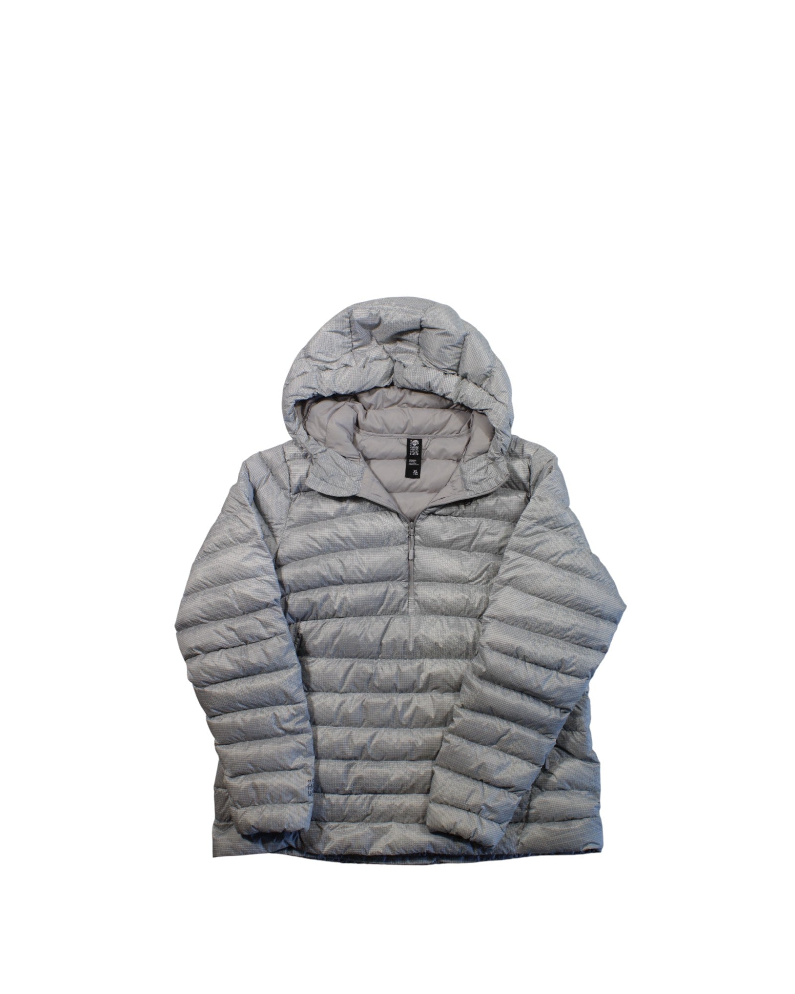 The North Face Womens Steep 50/50 Jacket is a light gray, quilted puffer with a hood, high collar, and half-zip front. The insulated jacket is laid flat on a white background.