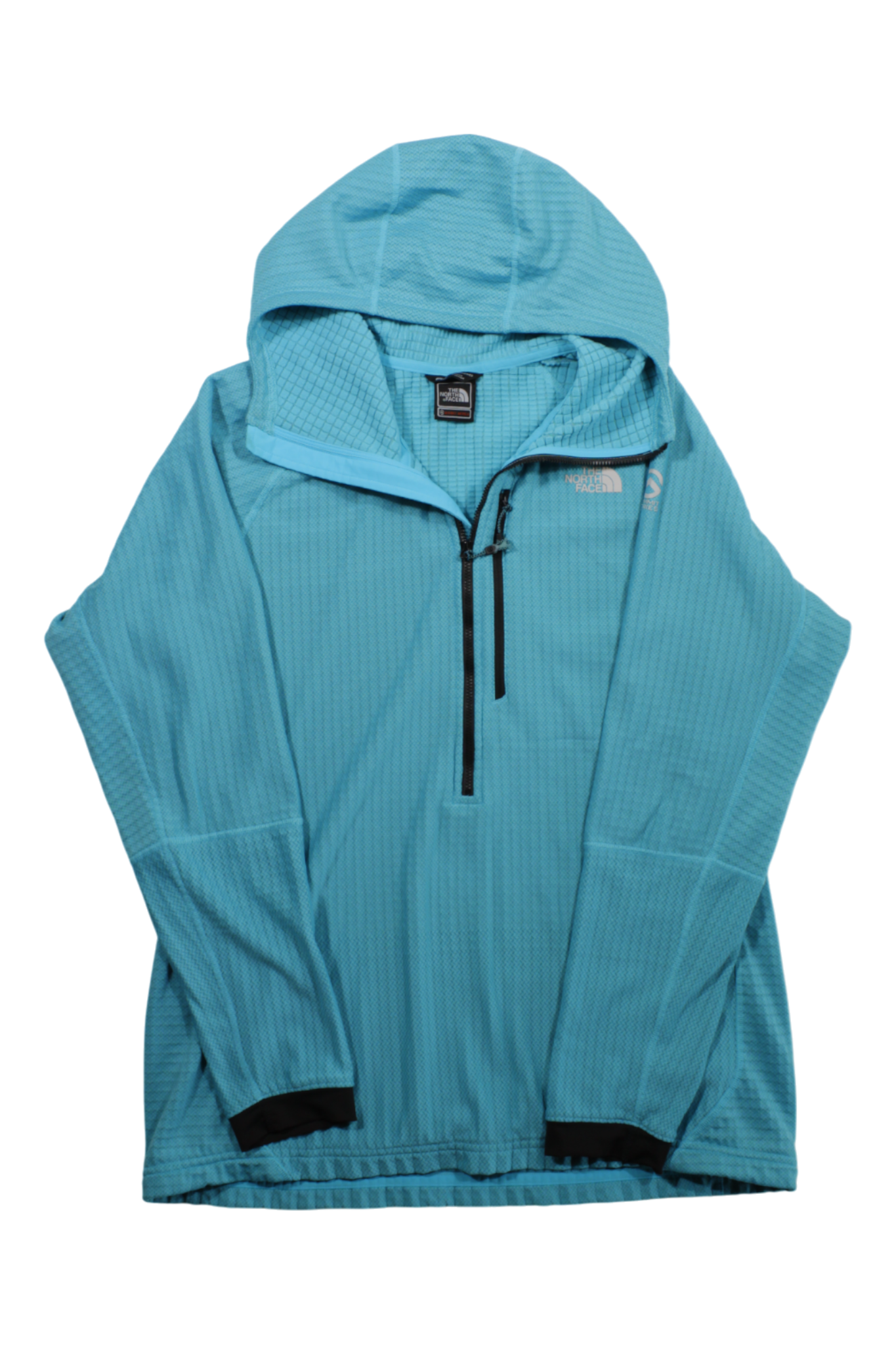 The North Face Women's Summit L2 FuseForm Hoodie features a light blue color, long sleeves, hood, half-zip front, zippered chest pocket, black cuff trim, and The North Face logo on the left chest.