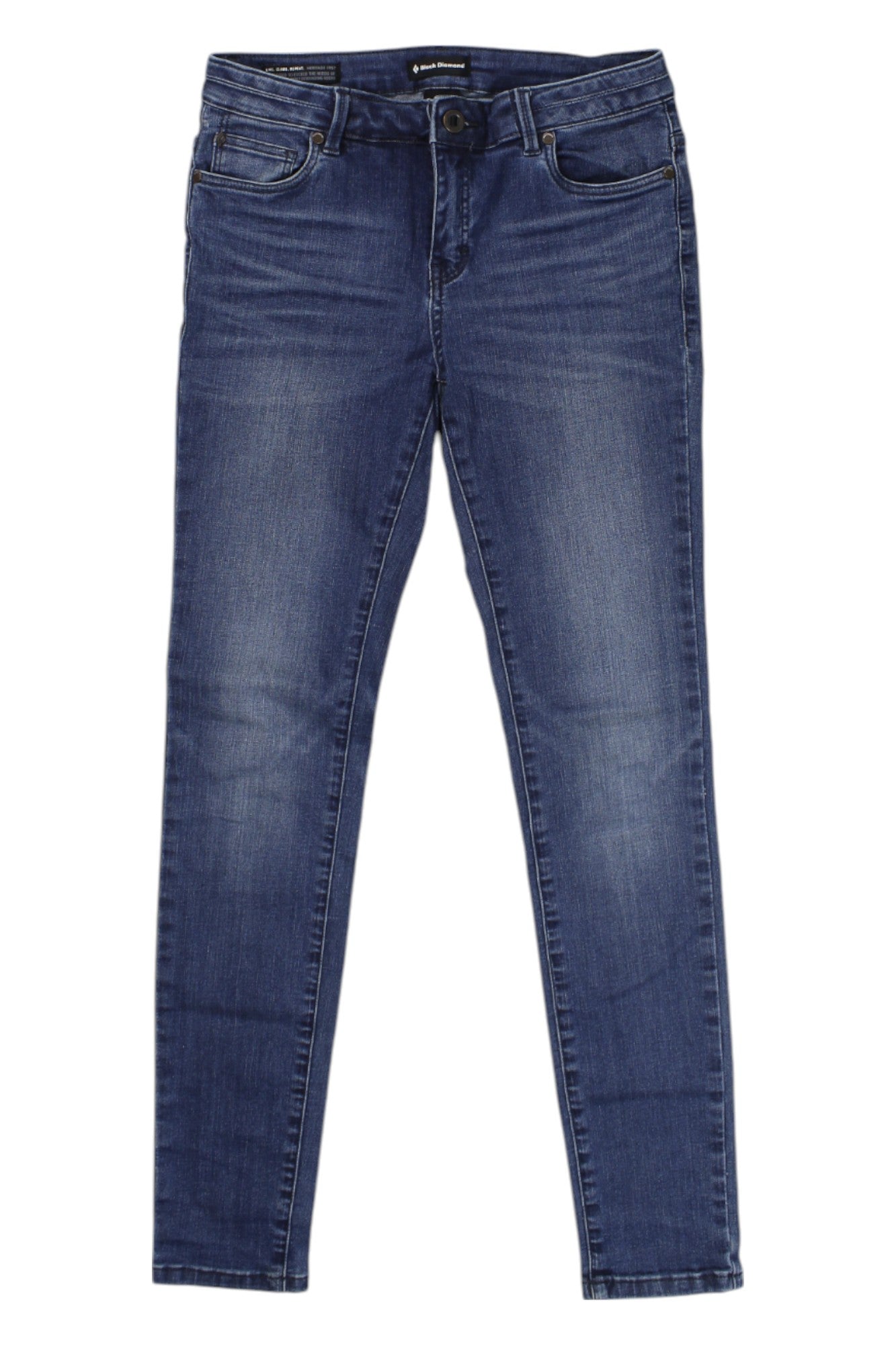 Black Diamond women's Forged Denim Pant in blue denim, front view with five-pocket styling.