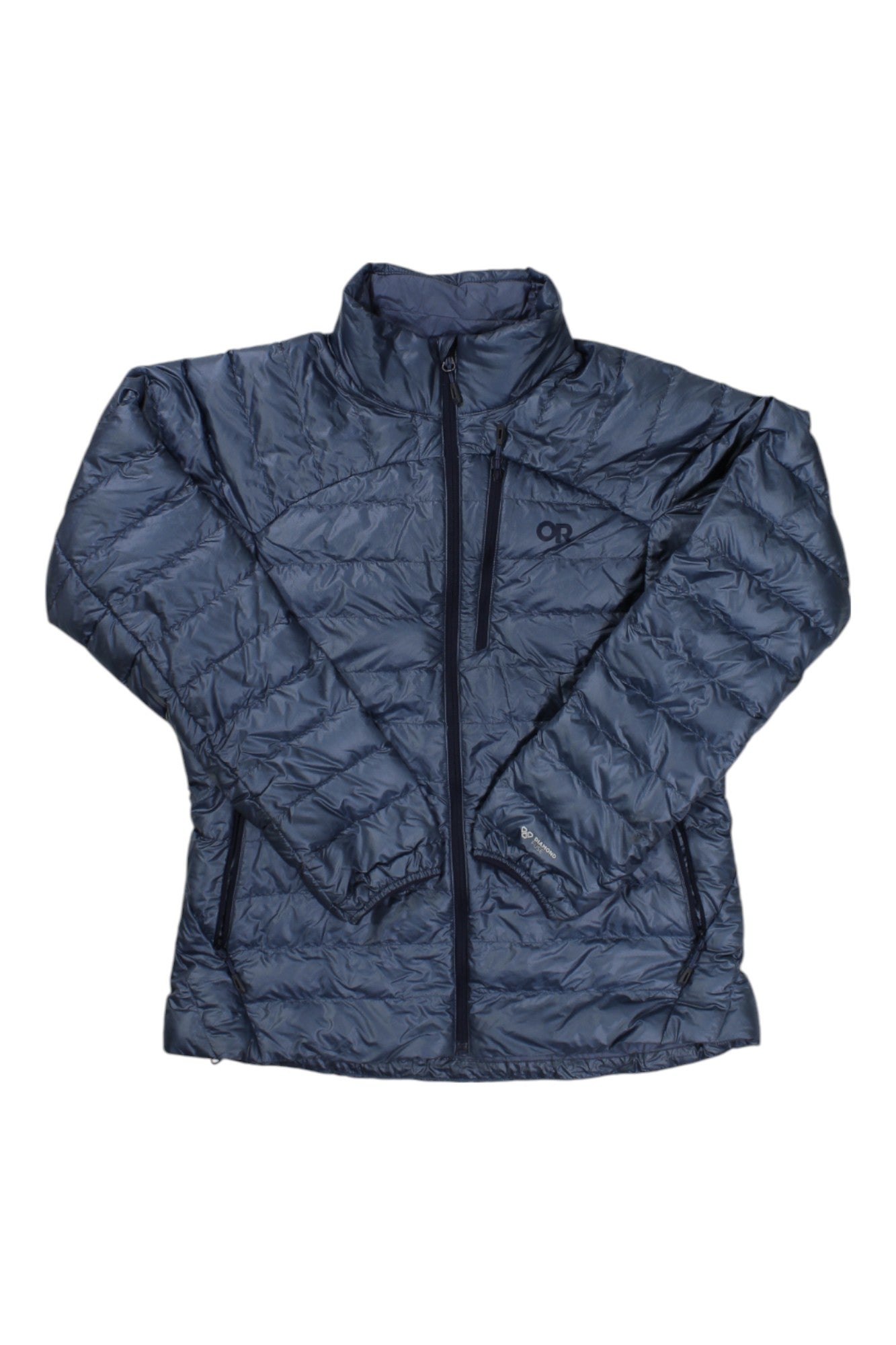 Women's navy puffer down jacket with full-zip and stand collar, long sleeves.