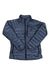 Women's navy puffer down jacket with full-zip and stand collar, long sleeves.