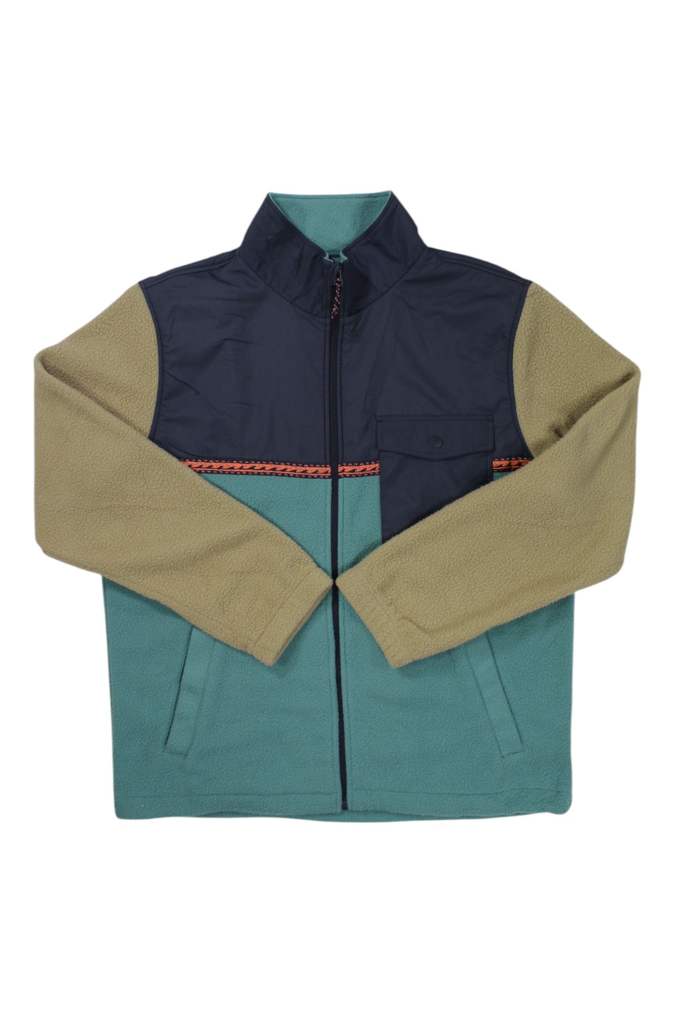 The Billabong Mens Boundary Trail Zip Top features a colorblock design with olive green sleeves, teal body, navy chest, double polar fleece, high collar, front zip, chest pocket, and subtle orange pattern trim across the chest.