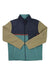 The Billabong Mens Boundary Trail Zip Top features a colorblock design with olive green sleeves, teal body, navy chest, double polar fleece, high collar, front zip, chest pocket, and subtle orange pattern trim across the chest.