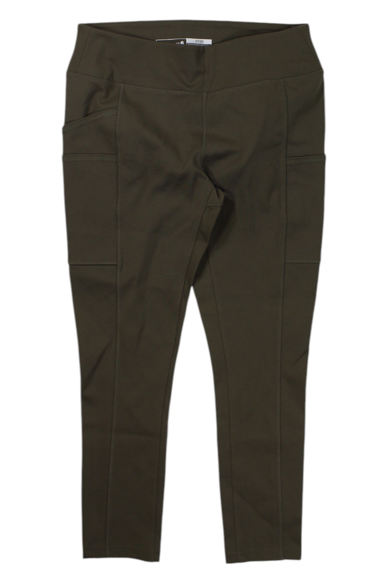 Womens Force Fitted Lightweight Utility Leggings in olive green, ankle-length, mid-rise with side pockets and visible seams, designed for sweat-wicking comfort, shown flat on a white background.
