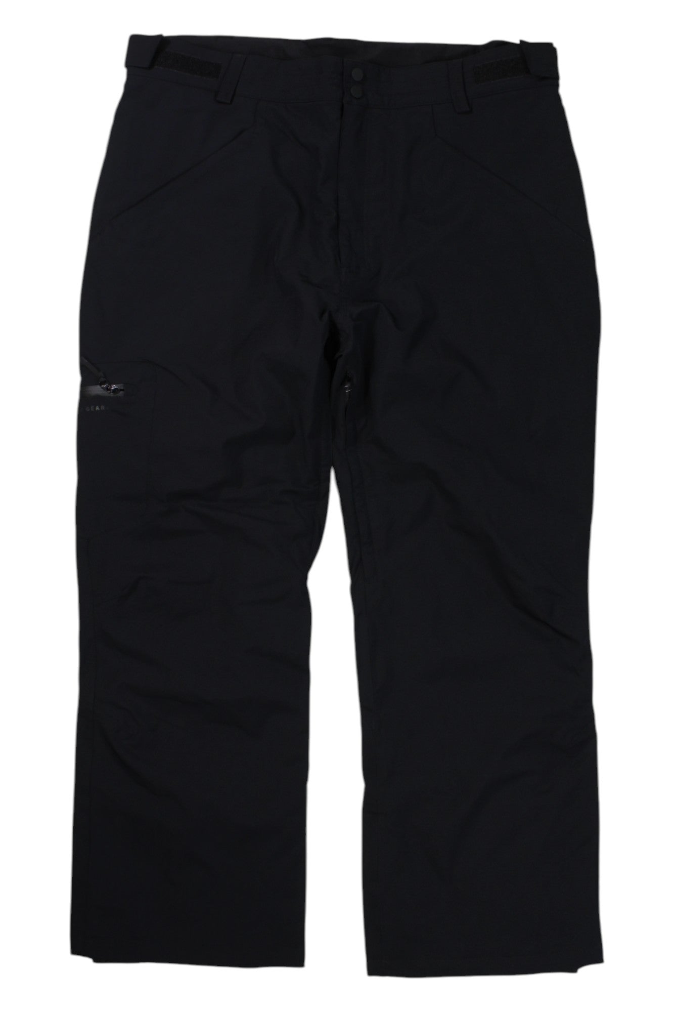 The Boulder Gear Men's Front Range Pant, shown in black with a straight-leg fit, features 4-way stretch, belt loops, two front pockets, and a right leg side pocket, displayed flat on a white background.