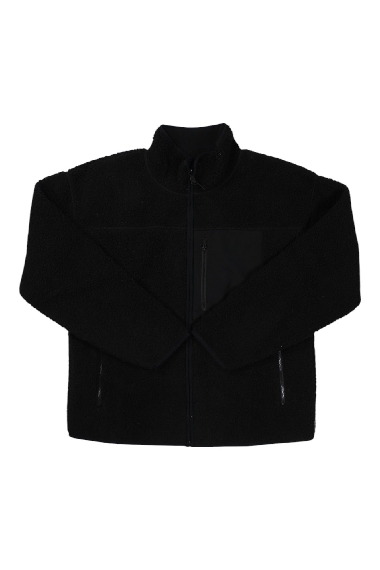 The Eddie Bauer Womens Chilali Full Zip Jacket in black fleece features a high collar, front zip, chest zip pocket, and two side zip pockets, shown laid flat on a white background.