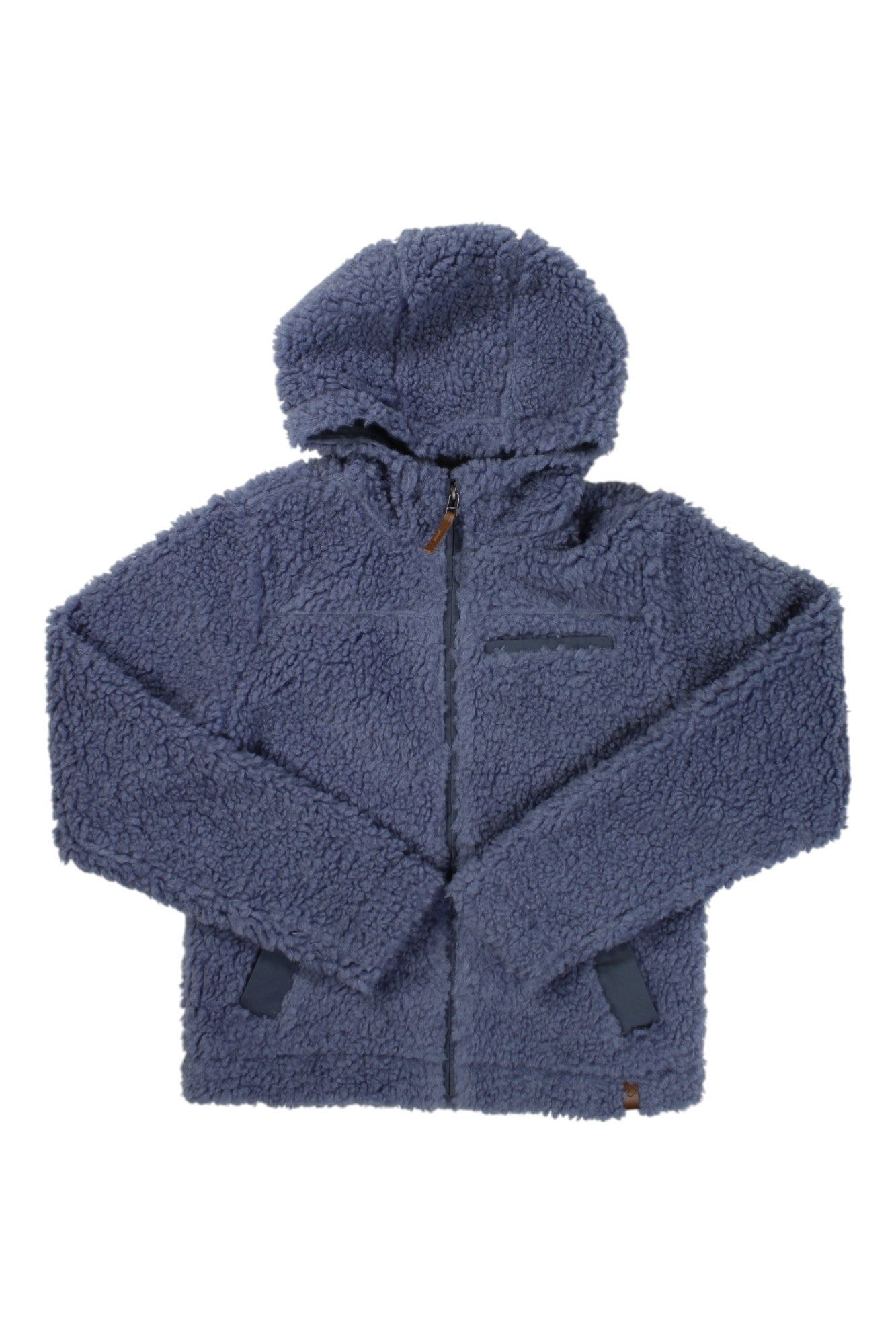 The Obermeyer Womens Amelia Sherpa Jacket is a blue, hooded fleece with a zip-up front and two pockets, featuring a fluffy texture—ideal for outdoor adventures and shown on a white background.