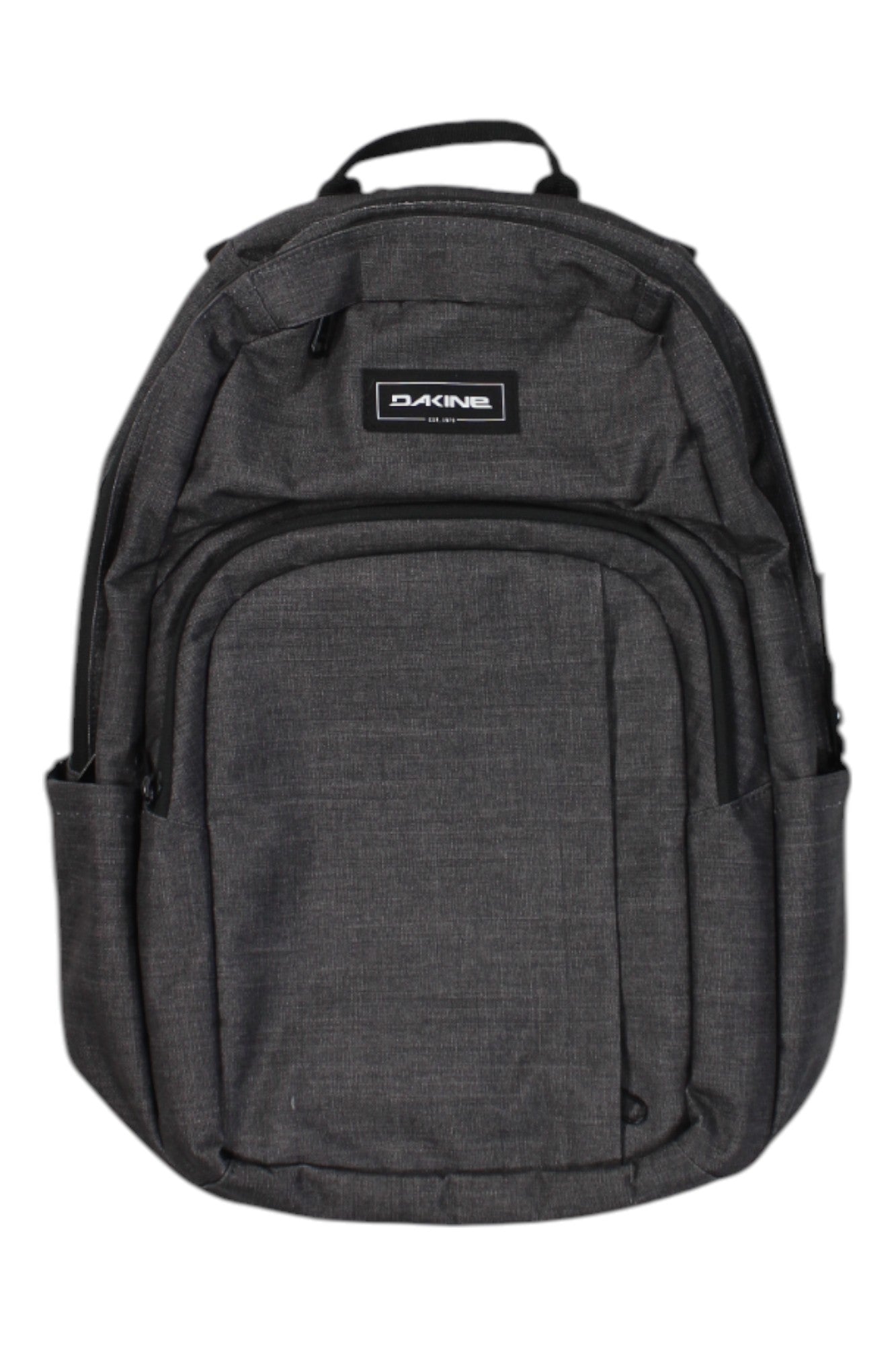 The Dakine Campus Backpack 25L in dark gray features multiple zippered compartments, a front logo patch, and side pockets—ideal as an outdoor backpack or spacious everyday bag. Shown against a white background.