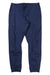 The Womens Notion Pant in navy blue features 4-way stretch fabric, an elastic waistband with drawstring, side pockets, and elastic ankle cuffs—a versatile climbing jogger shown flat on a white background.