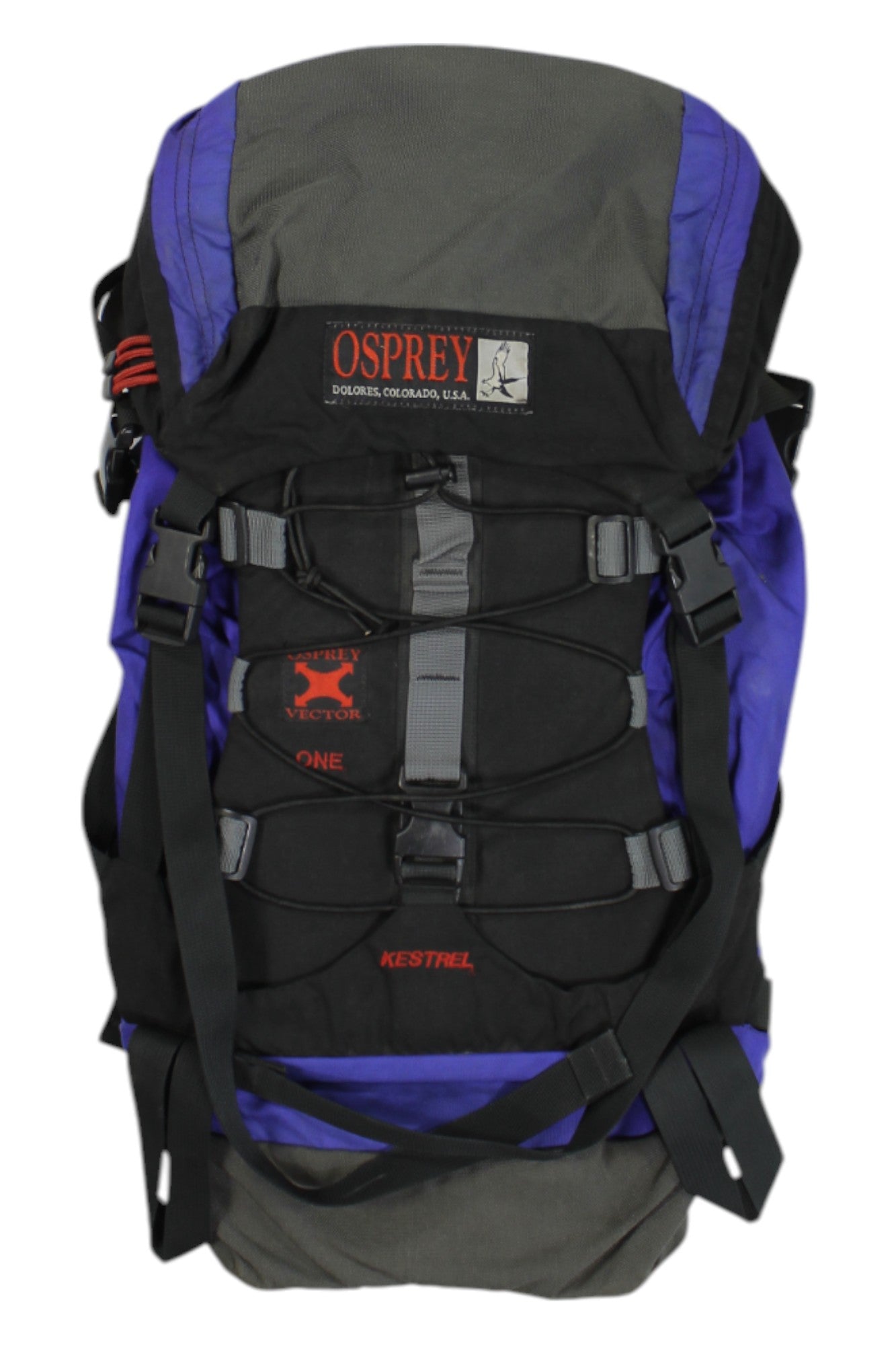 Kestrel 32 backpack in dark gray with purple panels, front straps and buckle details