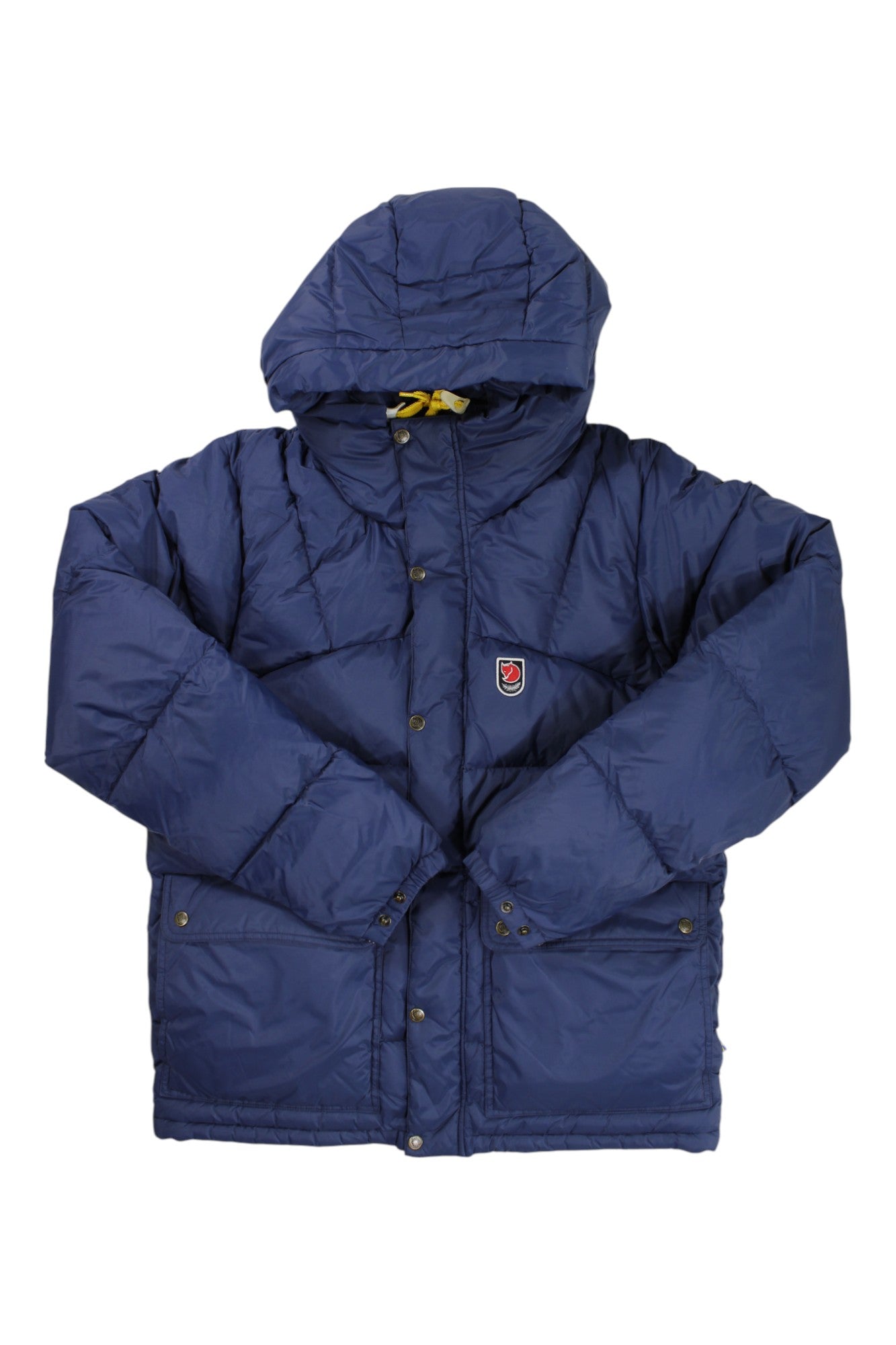 Hooded puffer jacket in navy blue, quilted, zip-front with hood and snap pockets.