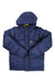 Hooded puffer jacket in navy blue, quilted, zip-front with hood and snap pockets.