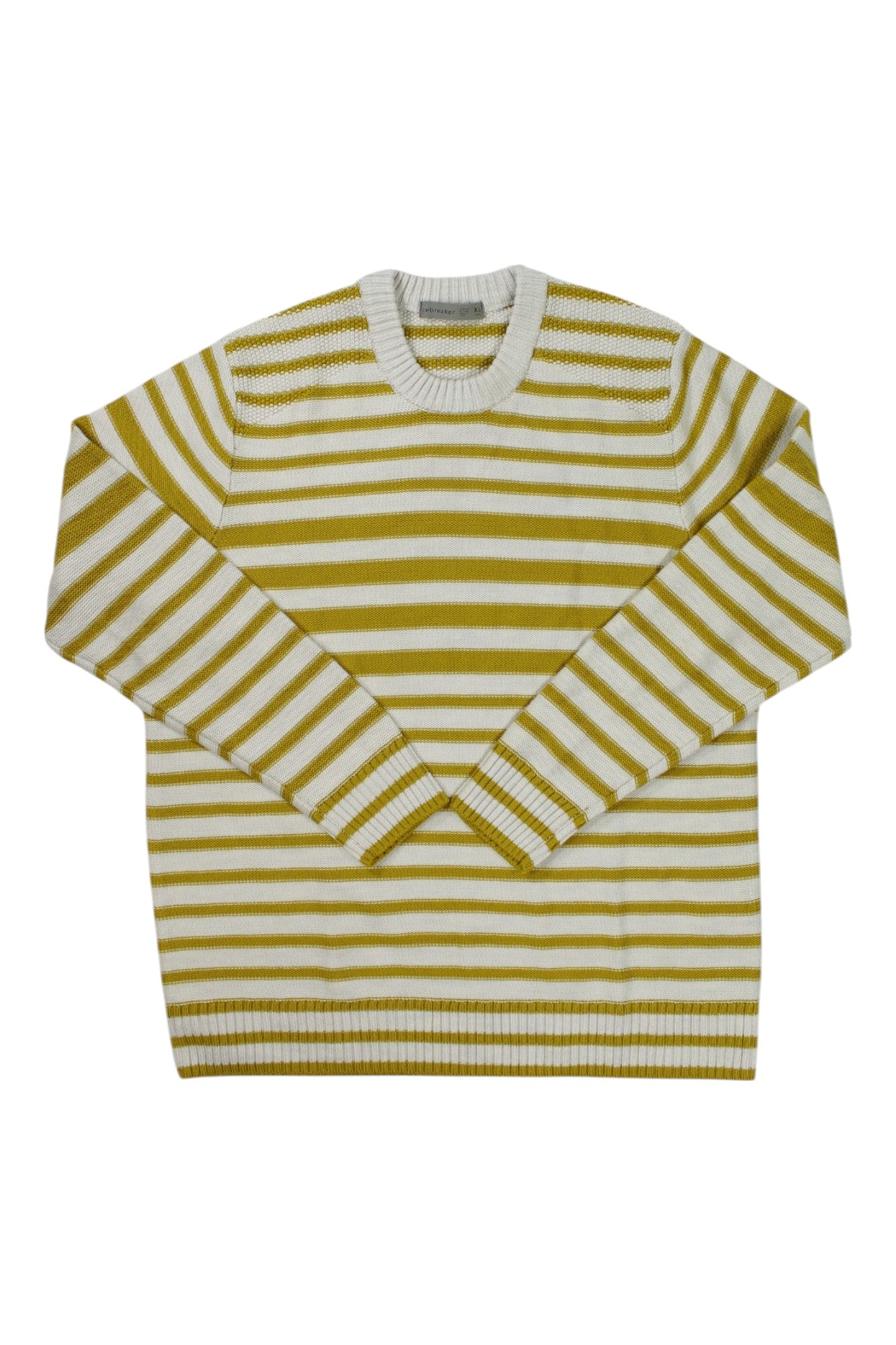 The Icebreaker Men's Waypoint Crewe Sweater is a long-sleeve Merino wool crew with horizontal mustard yellow and white stripes, a round neckline, and ribbed cuffs and hem—ideal for travel or casual wear.