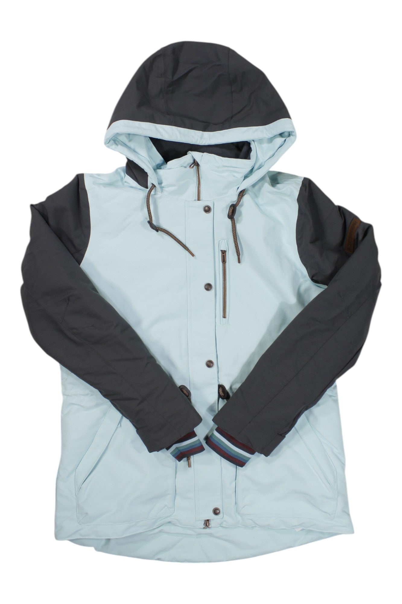 The Boulder Gear Womens Brio Jacket is a light blue snowboarding jacket with dark gray sleeves, shoulders, and hood. It has insulation, a front zipper with buttons, chest pocket, two side pockets, and striped cuff lining.