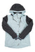 The Boulder Gear Womens Brio Jacket is a light blue snowboarding jacket with dark gray sleeves, shoulders, and hood. It has insulation, a front zipper with buttons, chest pocket, two side pockets, and striped cuff lining.