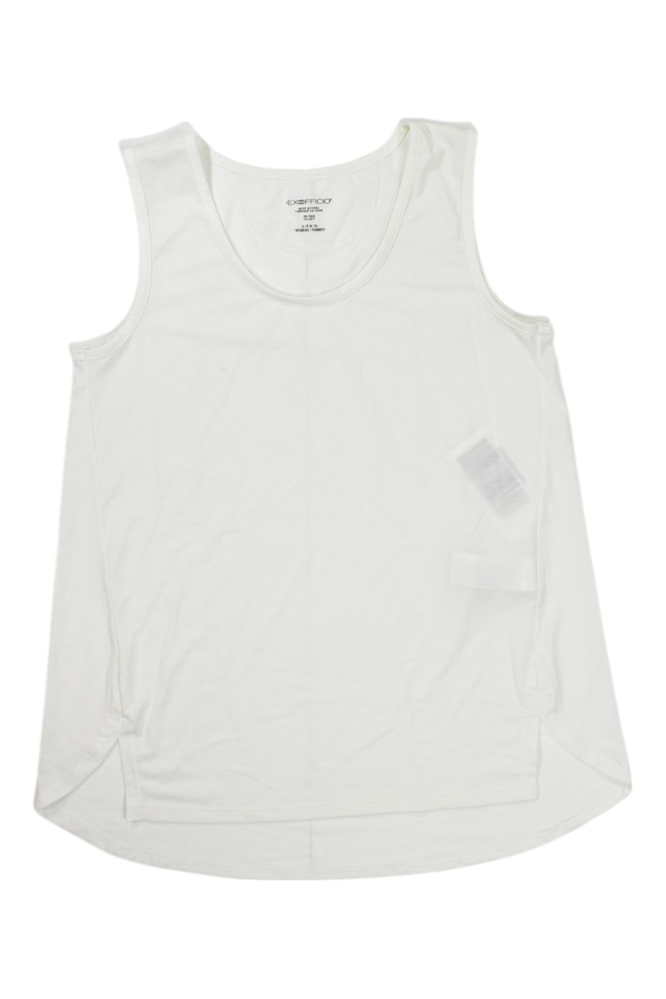 The ExOfficio Womens Wanderlux Tank Top is laid flat on a white surface, featuring a scoop neckline, right-side labels, and comfortable moisture-wicking fabric—ideal for outdoor adventures.