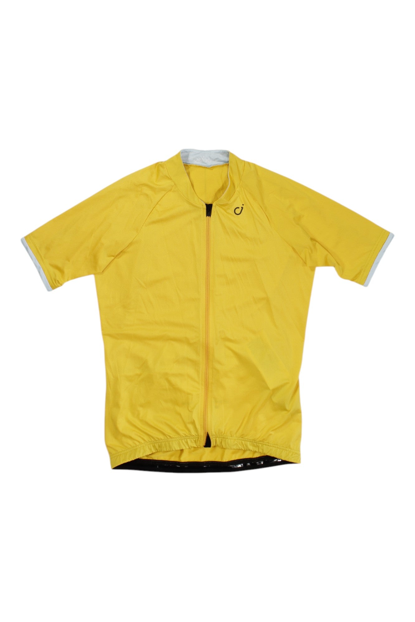 The Velocio Womens Signature Jersey is a short-sleeved, bright yellow cycling top featuring a front zipper, small black left-chest logo, and light gray trim on the sleeves and collar, shown against a white background.