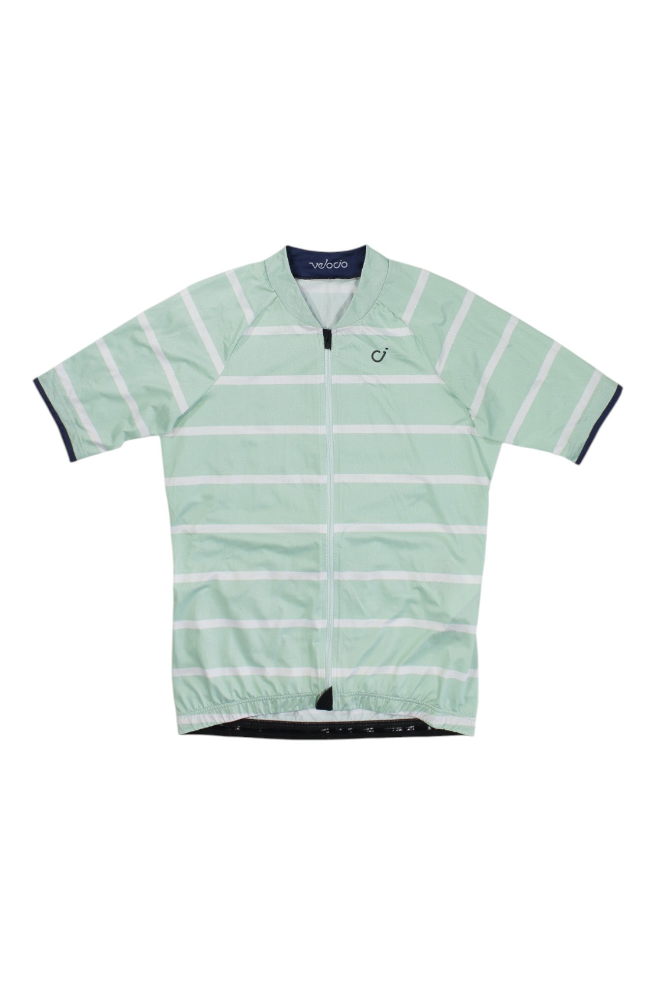 The Velocio Womens Breton SE Jersey is a short-sleeve cycling jersey in light green with white stripes, featuring moisture-wicking fabric, front zipper, elastic hem, and chest logo, shown on a white background.