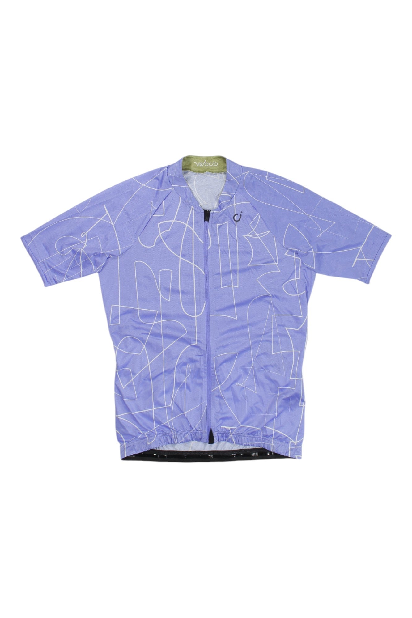The Velocio Womens Line SE Jersey is a short-sleeved, purple cycling jersey with a full front zipper, white abstract line pattern, green interior tag, white collar text, and an elastic bottom hem.