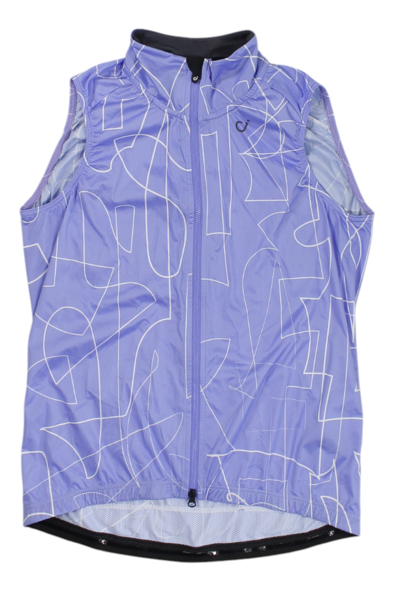 The SE Wind Vest is a sleeveless, light purple vest with a front zipper, high collar, white abstract line patterns, a small black logo on the left chest, and an elastic hem for a snug fit.