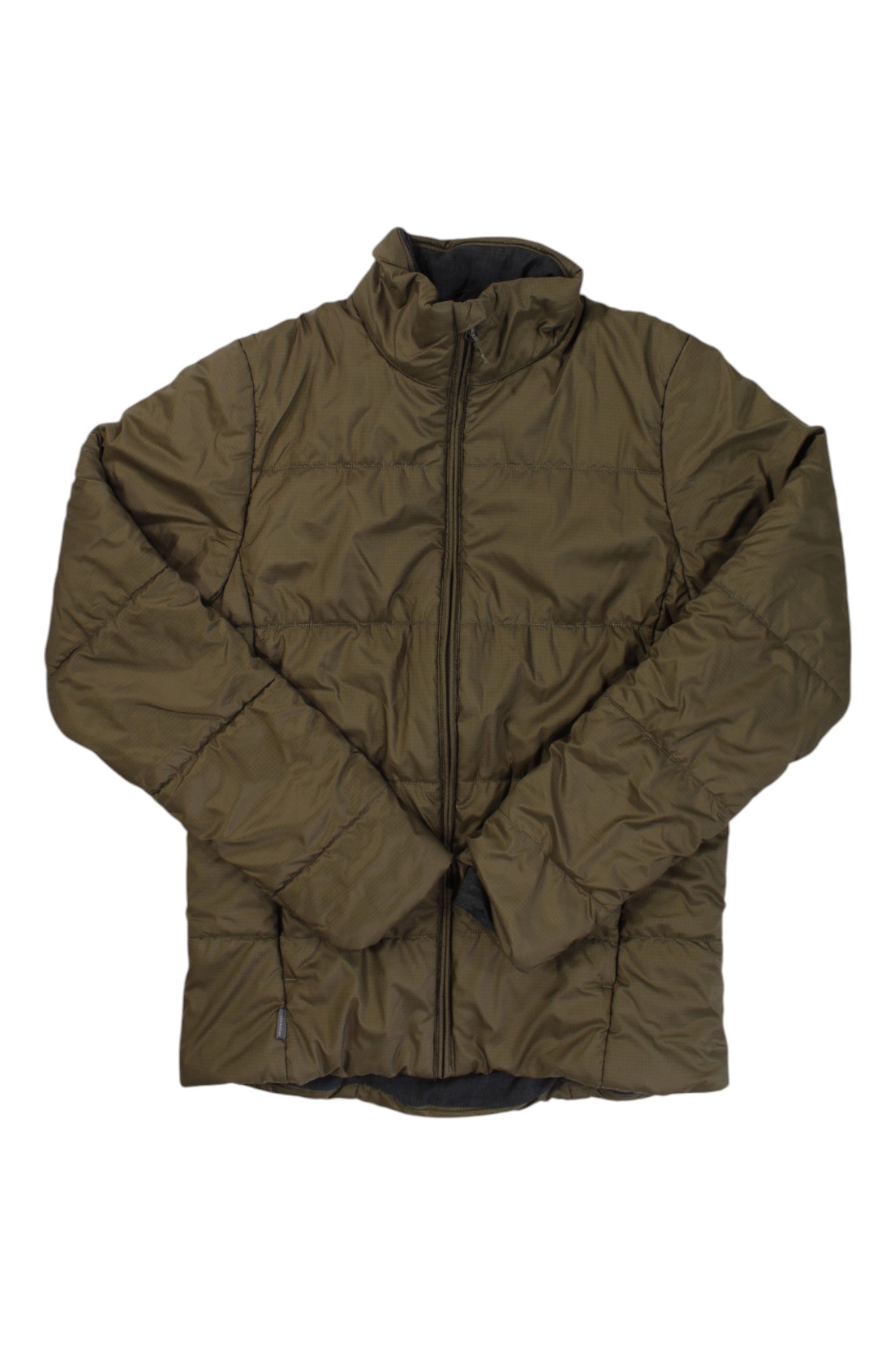 The Icebreaker Mens Collingwood Jacket is a brown, lightweight, puffy, long-sleeve insulated zip-up with a high collar, displayed flat on a white background—perfect for outdoor use.