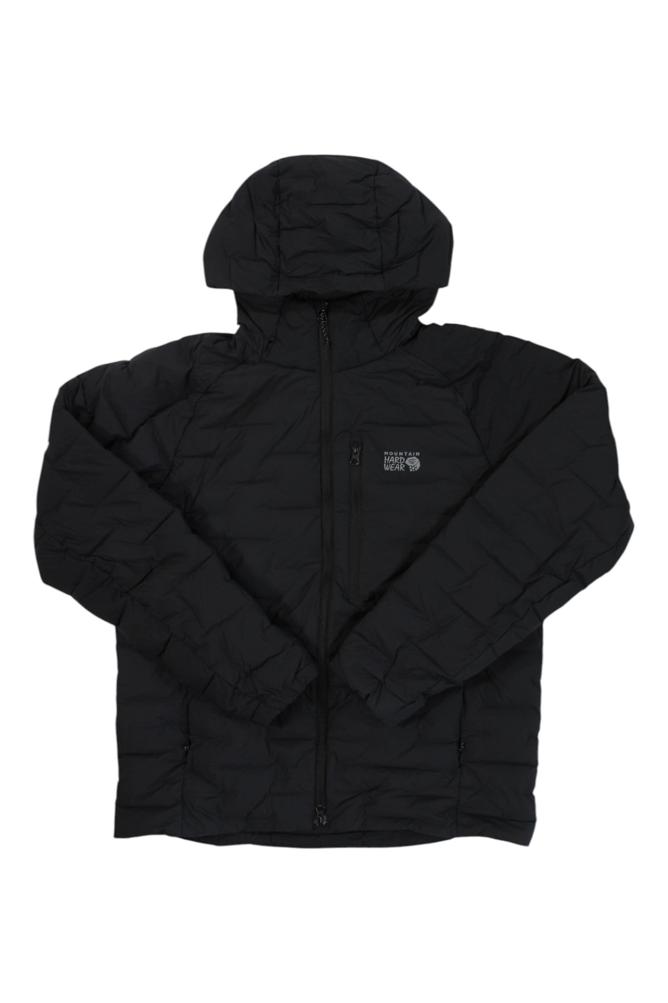 Mountain Hardwear men's stretchdown hooded puffer jacket, black, center zipper and logo patch
