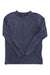 The Kuhl Mens Bravado Long Sleeve is a navy blue crew neck shirt made from Wildfibre organic cotton, shown laid flat with visible seam stitching and slight wrinkles on a white background.