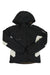 The Juniors Ski Jacket by Salomon is black with white sleeve accents and a zippered chest pocket, shown against a white background.
