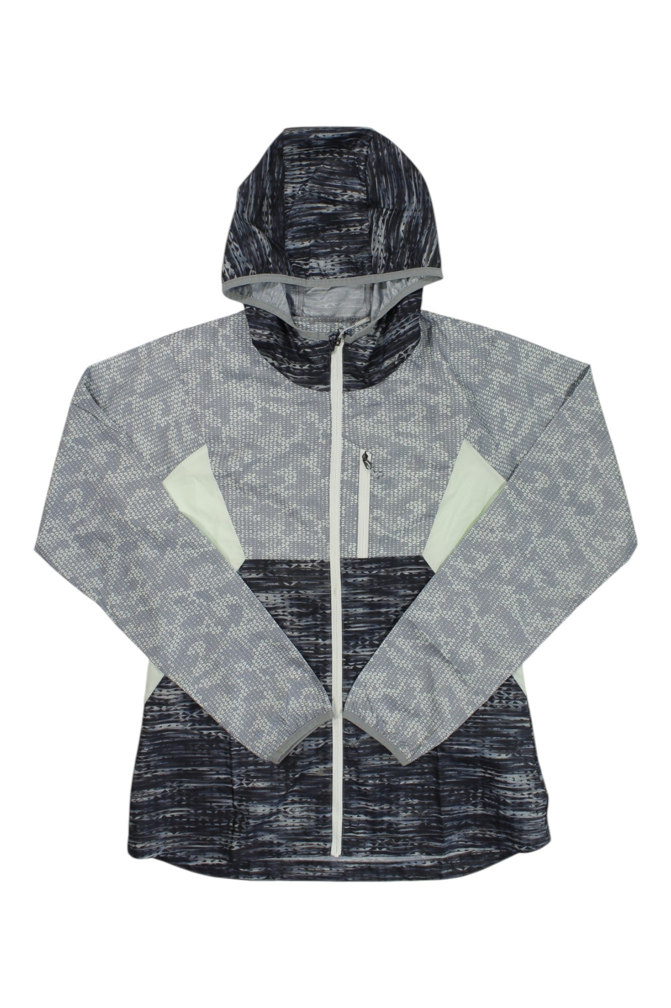 The GoLite Womens ReGreen Windshell is a gray-and-black wind-resistant jacket with a front zipper, long sleeves, and light accent panels on the sides and chest, made from recycled polyester.