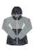 The GoLite Womens ReGreen Windshell is a gray-and-black wind-resistant jacket with a front zipper, long sleeves, and light accent panels on the sides and chest, made from recycled polyester.