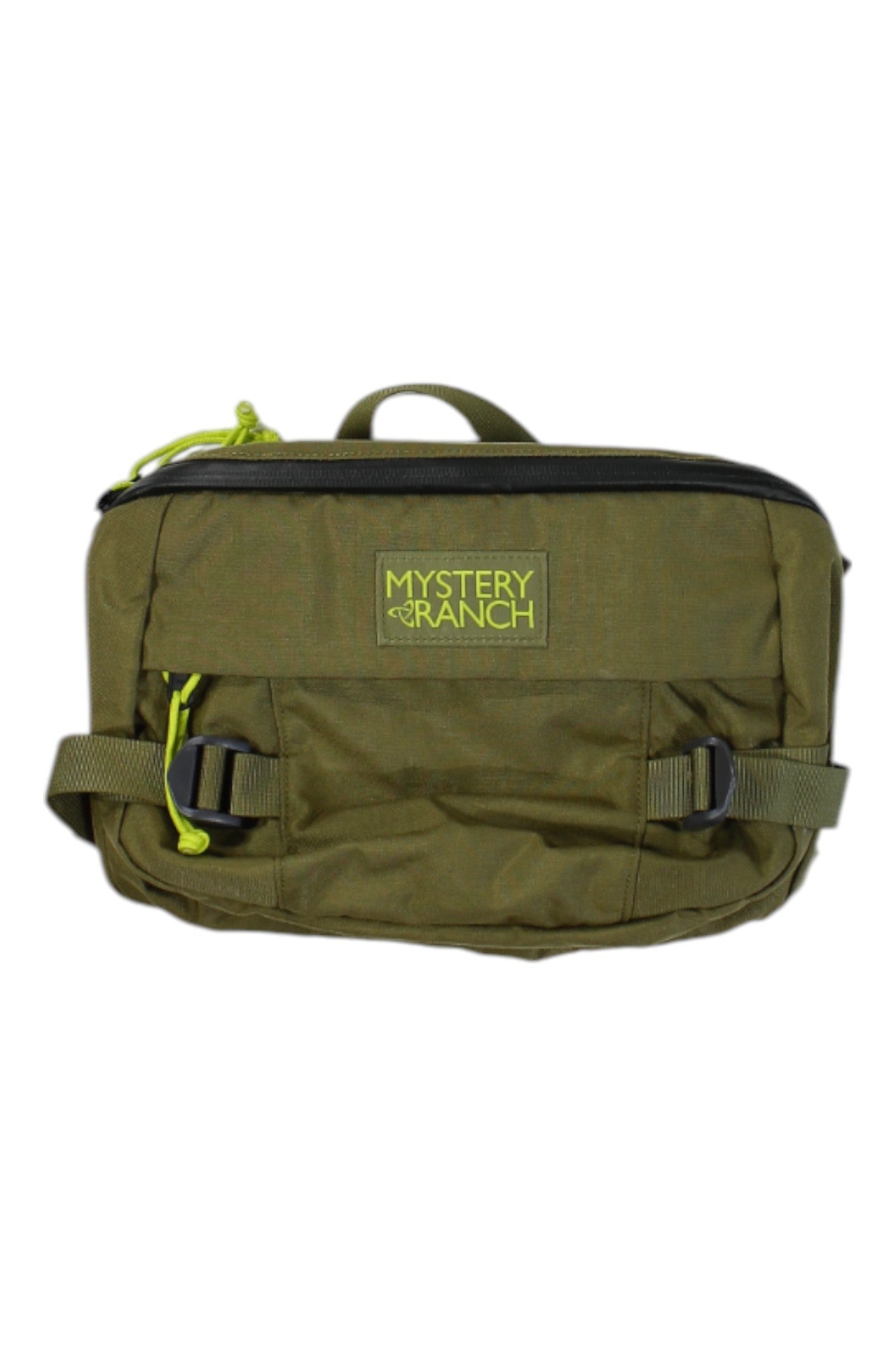 Mystery Ranch hip fanny pack in olive green with front buckle straps