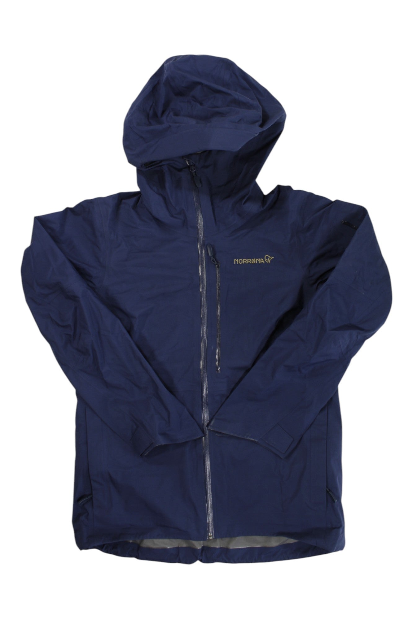 The Norrona Womens Lofoten GTX Jacket is a navy blue GORE-TEX PRO shell for mountaineering, featuring a hood, front zipper, long sleeves, and a small Norrøna logo on the left chest.