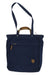 The Fjallraven Totepack No. 2, in navy blue with brown handles, shoulder straps, a front zippered pocket, and a round fox logo patch, offers versatile use as both a tote and backpack—ideal for everyday needs.