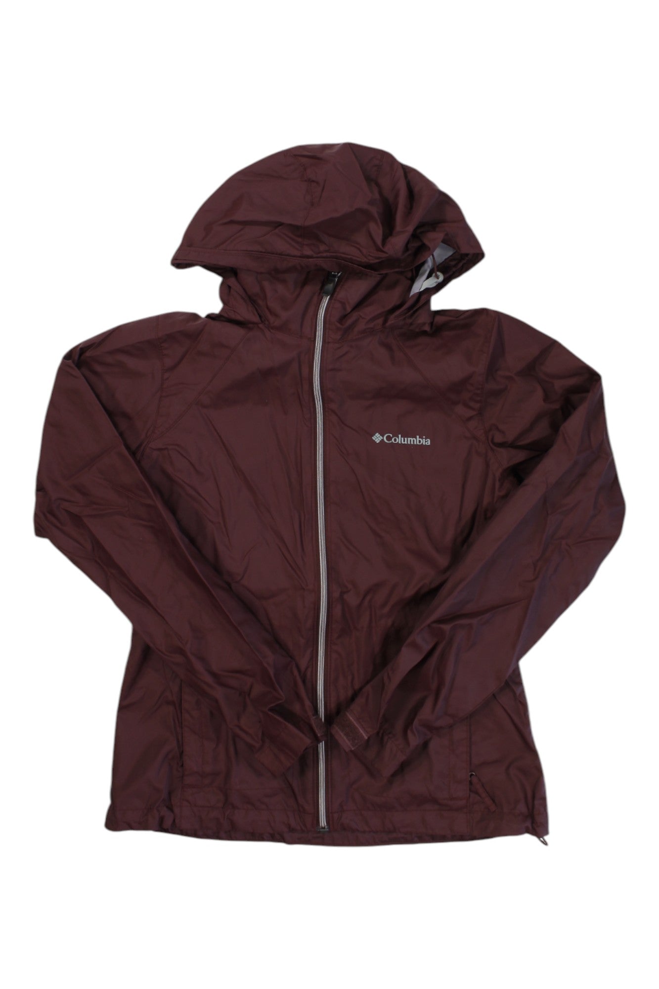 A maroon Columbia Womens Switchback Jacket with a front zipper, long sleeves, and the Columbia logo on the left chest is laid flat on a white background. This breathable, packable rain jacket is perfect for staying dry.