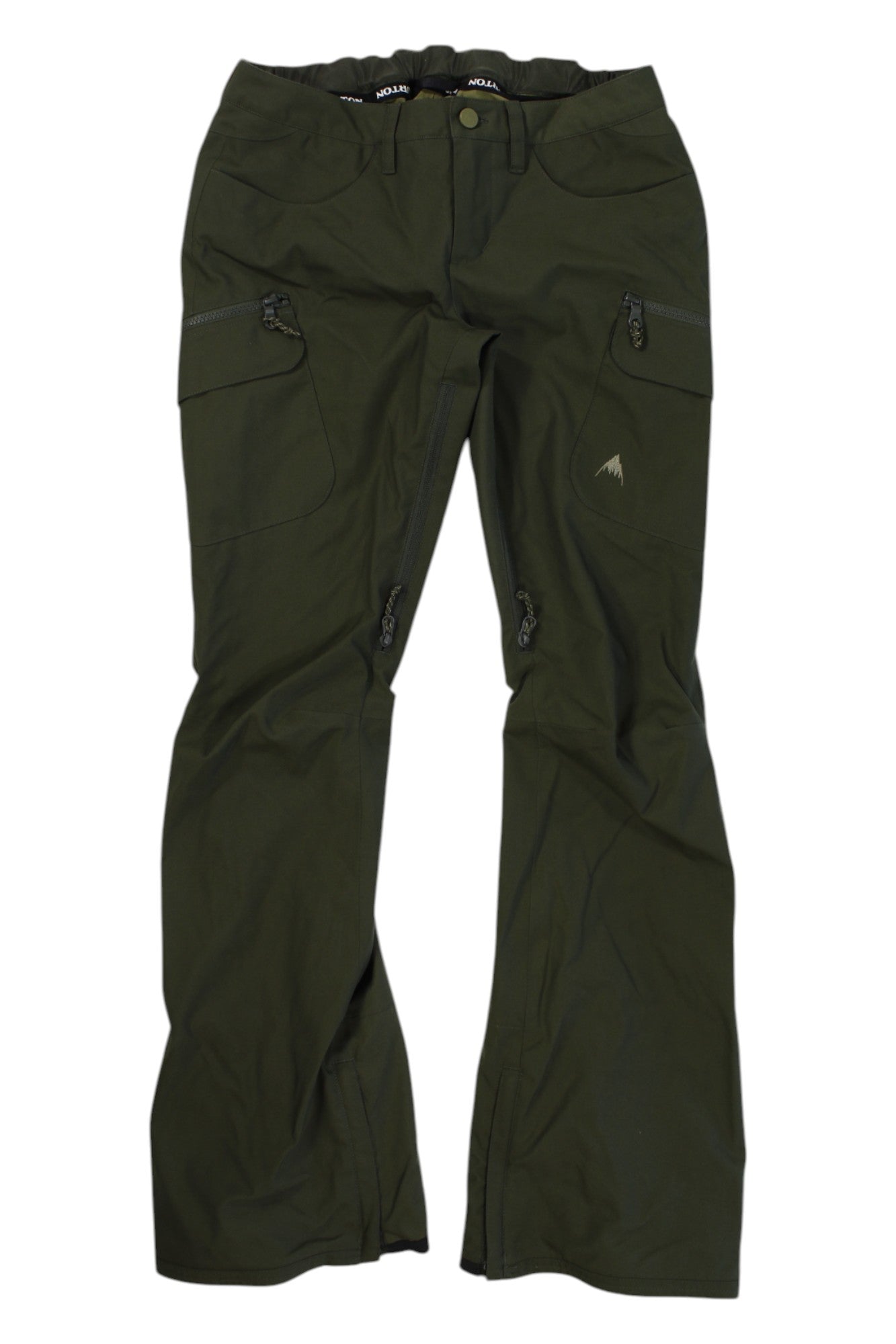 The Burton Womens Gloria Pant features a dark green color, multiple zippered pockets, belt loops, slightly flared leg, Thermacore Stretch insulation, and a stitched thigh logo—ideal as waterproof snow or hiking pants.