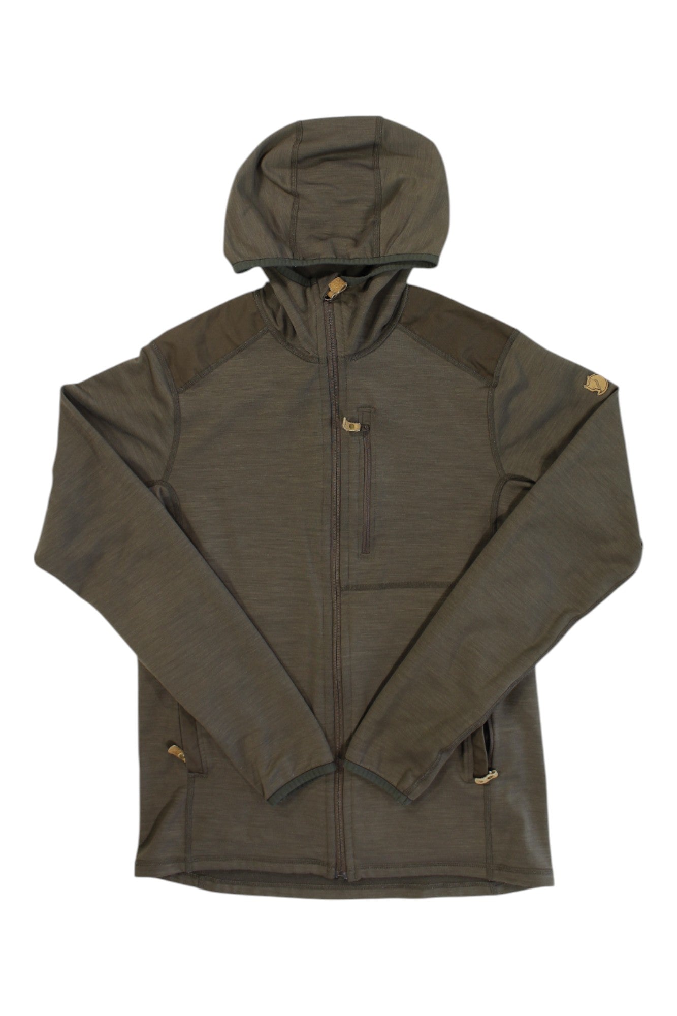 The Fjallraven Mens Abisko Trail Fleece Jacket is a brown hooded fleece with long sleeves and zippered chest and side pockets, shown laid flat on a white background—perfect as a lightweight hiking jacket.