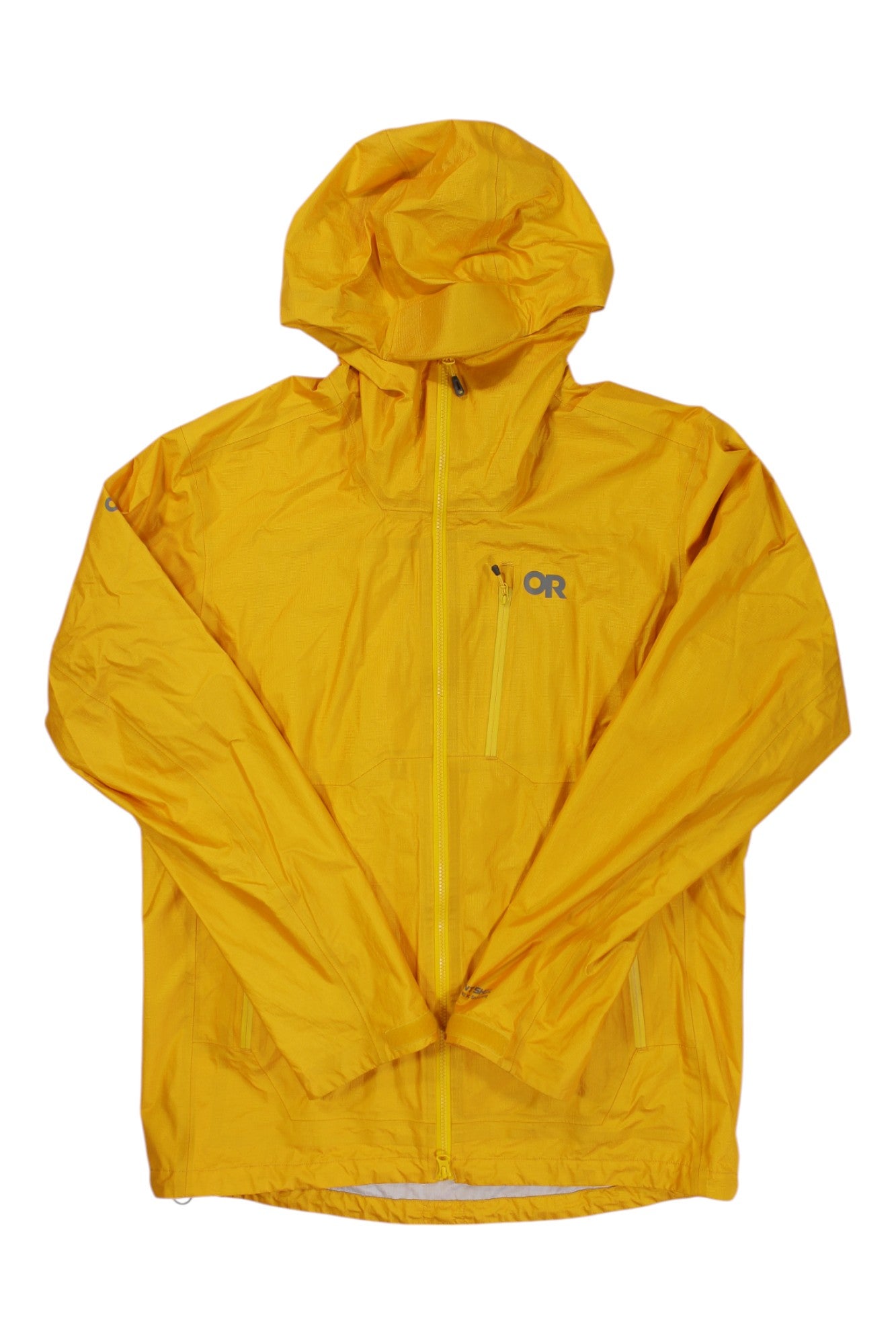 The Outdoor Research Men's Helium Ascentshell Jacket in bright yellow features a front zipper, chest pocket, and OR logo on the left chest. This breathable outdoor jacket is shown laid flat on a white background.