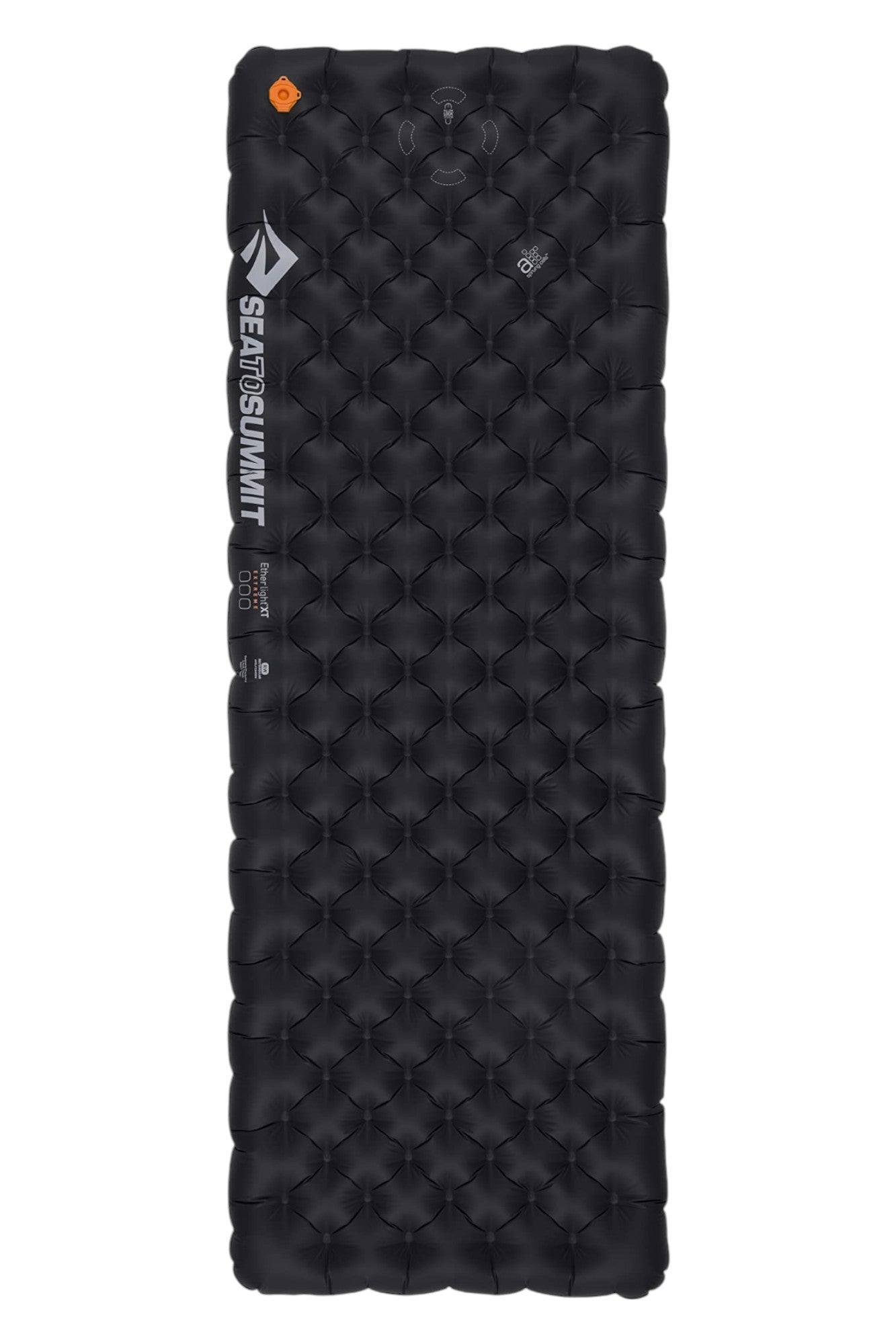 The Sea to Summit Ether Light XT Extreme Insulated Air Sleeping Mat is a black, rectangular inflatable sleeping pad with a quilted texture and the white Sea to Summit logo on the left side. Designed for superior comfort and warmth, this lightweight insulated air mat is the perfect thermal sleeping solution for winter camping adventures.
