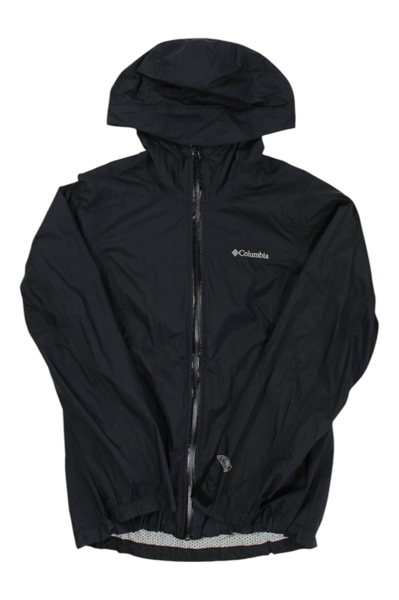 The EvaPOURation Jacket is a black, lightweight, waterproof Columbia jacket with a front zipper, elastic cuffs, and the logo on the left chest. Breathable and ideal for outdoor activities.