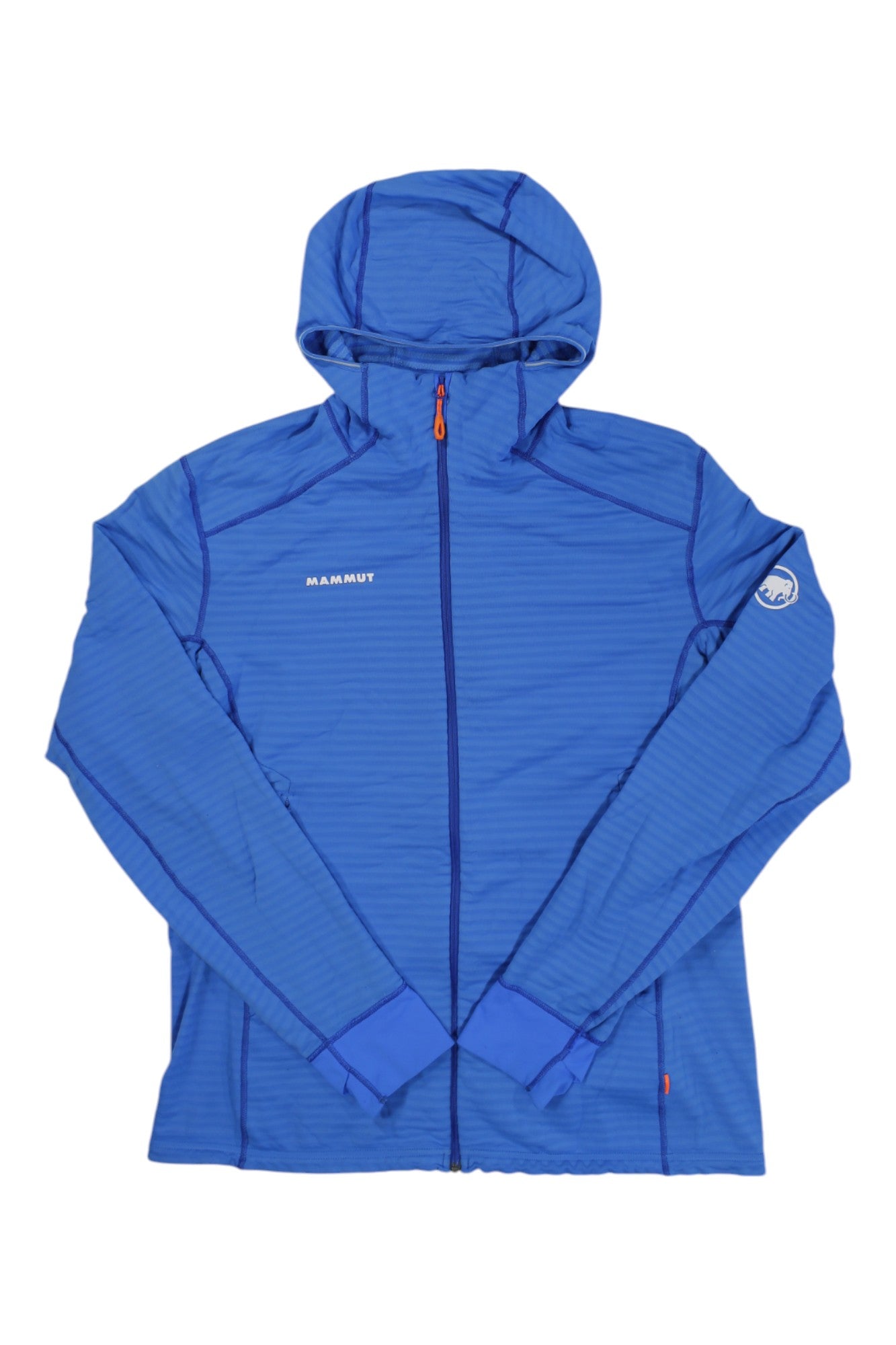 A blue lightweight Mammut Womens Aconcagua Light ML Hooded Jacket with front zipper, subtle stripe pattern, and chest logo. Features thumb holes and a small sleeve logo. Polartec Power Grid fleece is laid flat for display.