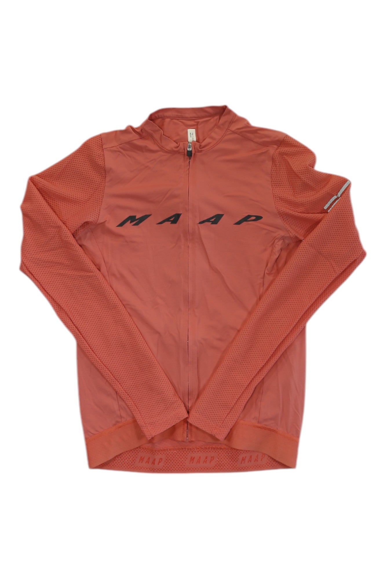 The MAAP Womens Long Sleeve Pro Fit Jersey is a coral cycling top with black MAAP branding across the chest and a front zipper—ideal high-performance apparel for women cyclists.