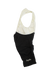 Rapha Classic Bib Shorts in black and white, sleeveless and known for cycling performance, featuring "Rapha" script on the left leg, displayed flat on a white background.