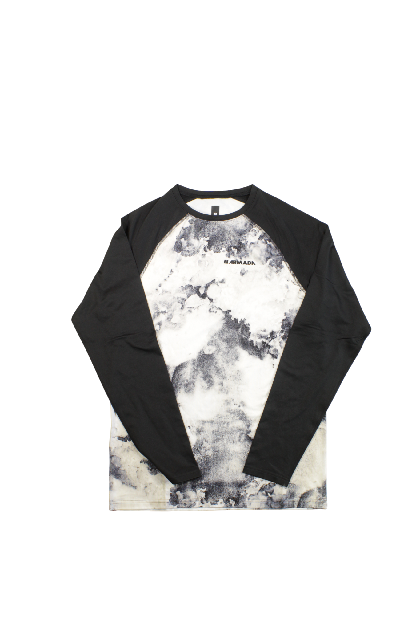 The Mens Armada Contra Baselayer Crew is a long-sleeve raglan shirt with black sleeves, a black and white marble-patterned body, and "ARMADA" on the chest. Shown laid flat on a white background.