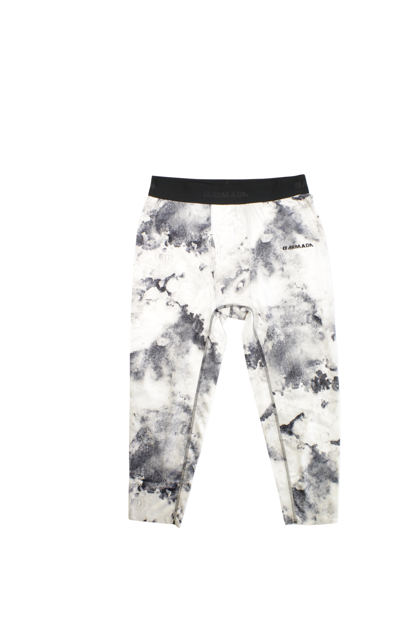 Mens Armada Contra Bottom athletic leggings in black and white tie-dye, featuring a black elastic waistband and ARMADA branding—ideal as a snow baselayer for cold weather. Shown on a plain white background.
