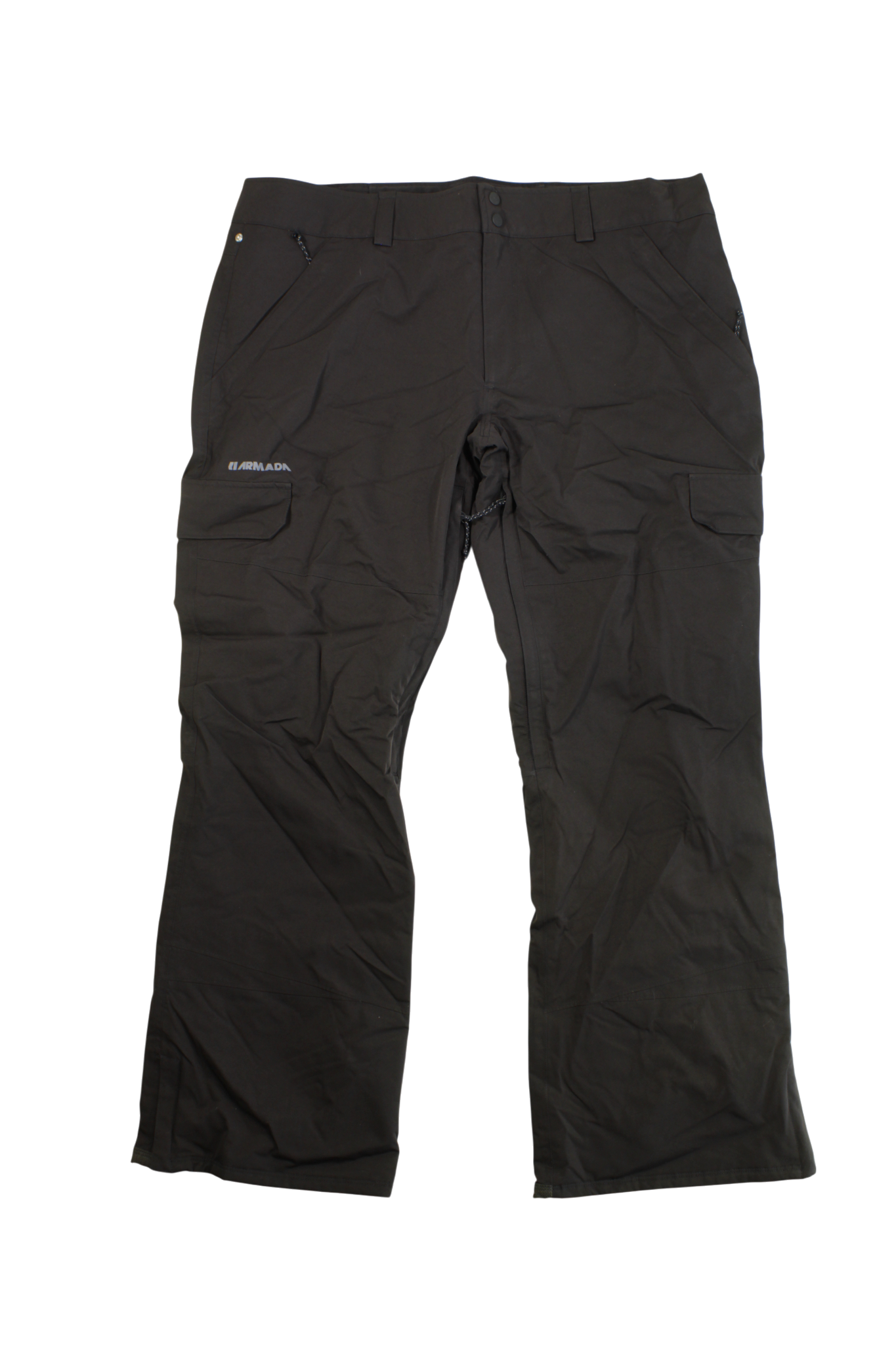 Mens Armada Union Insulated Pant in black, featuring waterproof fabric, multiple pockets, belt loops, and button closure, displayed flat on a white background.