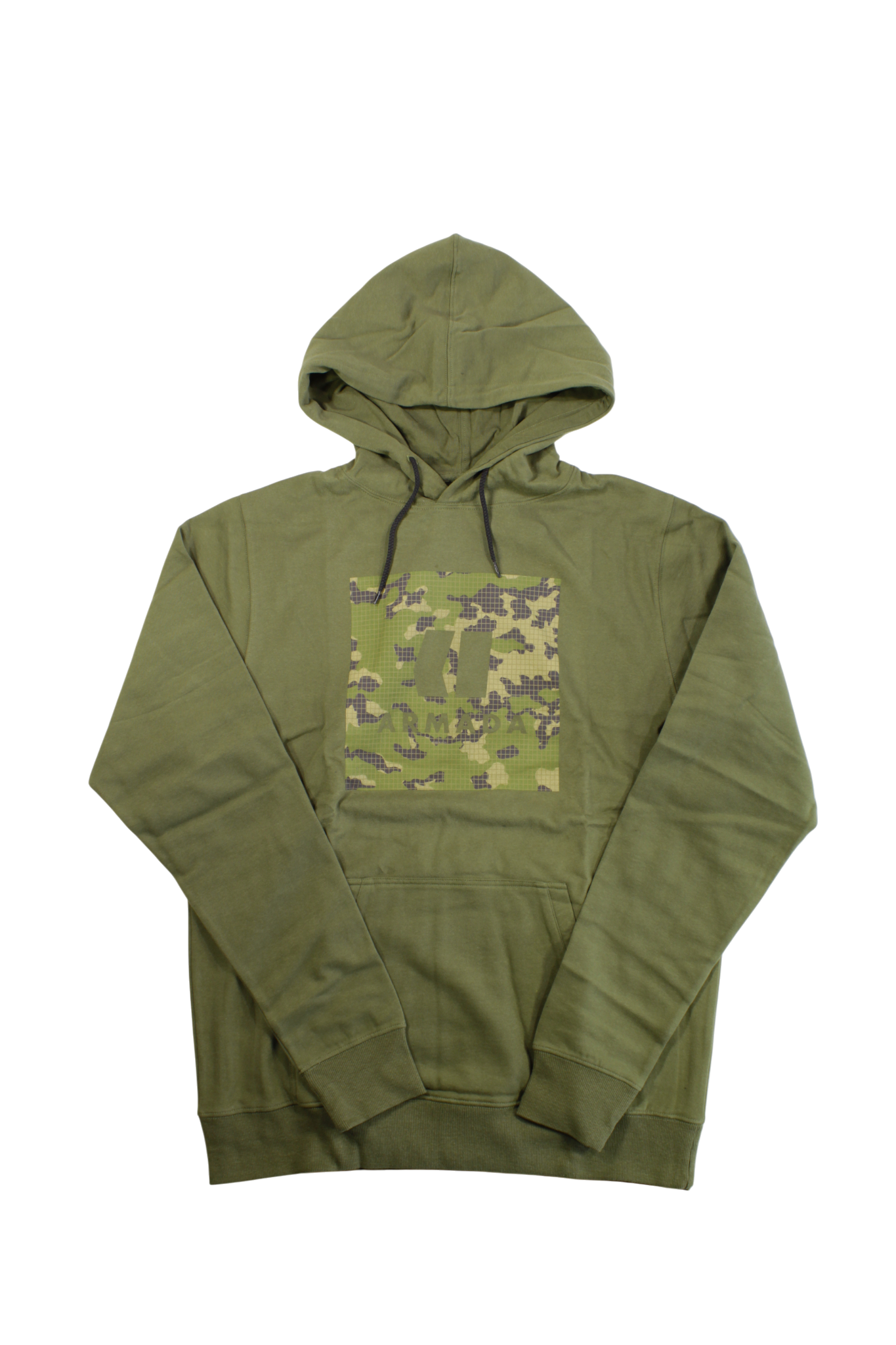 The Mens Armada Icon Hoodie in olive green features a camouflage-patterned chest square, long sleeves, and an adjustable drawstring hood. This outdoor hoodie is shown against a plain white background.