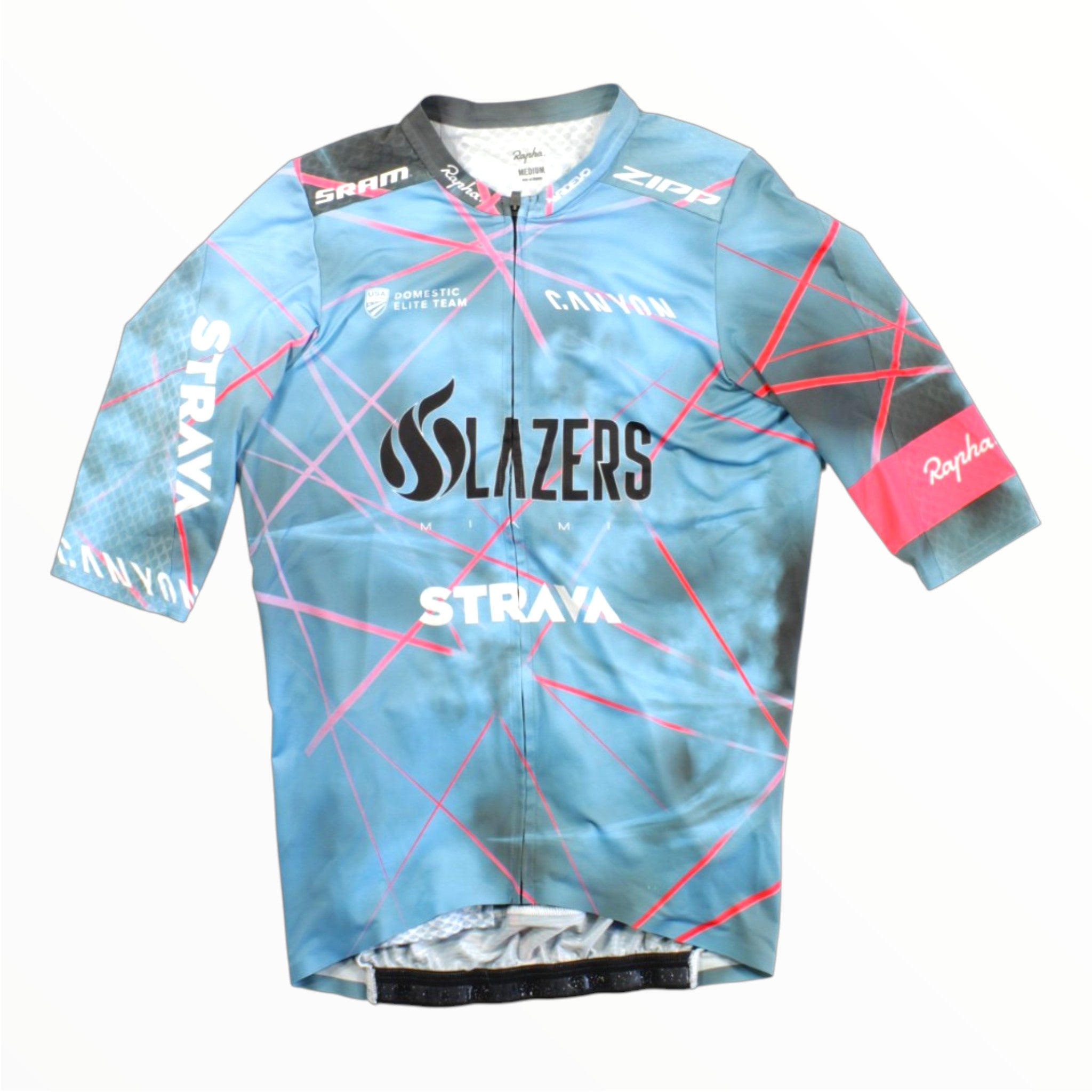 Light blue patterned short-sleeve cycling jersey with full front zipper and STRAVA graphic